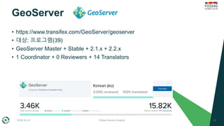 GeoServer
• https://www.transifex.com/GeoServer/geoserver
• 대상: 프로그램(39)
• GeoServer Master + Stable + 2.1.x + 2.2.x
• 1 C...