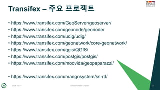 Transifex – 주요 프로젝트
• https://www.transifex.com/GeoServer/geoserver/
• https://www.transifex.com/geonode/geonode/
• https:...