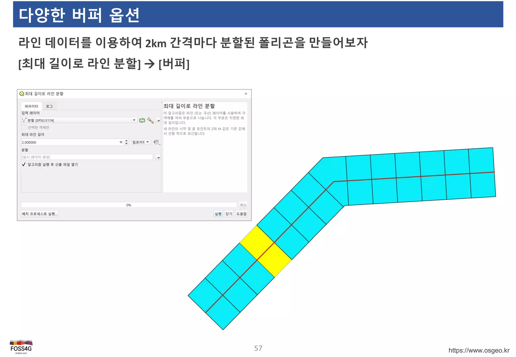 https://www.osgeo.kr
다양한 버퍼 옵션
라인 데이터를 이용하여 2km 간격마다 분할된 폴리곤을 만들어보자
[최대 길이로 라인 분할]  [버퍼]
57
 