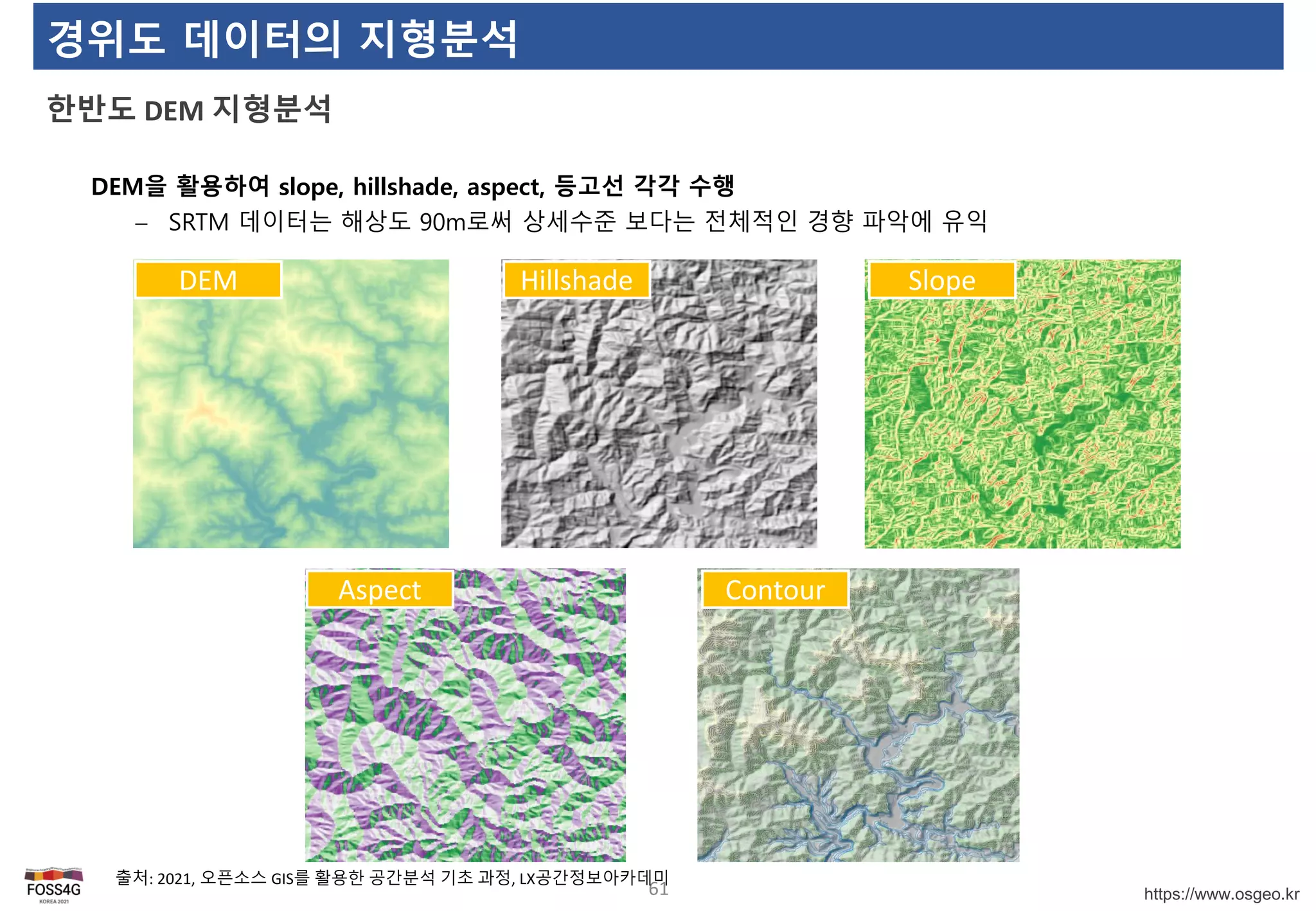 https://www.osgeo.kr
경위도 데이터의 지형분석
한반도 DEM 지형분석
61
출처: 2021, 오픈소스 GIS를 활용한 공간분석 기초 과정, LX공간정보아카데미
DEM Hillshade Slope
Aspect Contour
DEM을 활용하여 slope, hillshade, aspect, 등고선 각각 수행
 SRTM 데이터는 해상도 90m로써 상세수준 보다는 전체적인 경향 파악에 유익
 