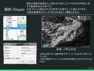 17/26
傾斜 (Slope)
傾斜の緩急を数値化した図を作ります。Zファクタは水平単位に対
する垂直単位の比率です。
出来上がった図は0から90度までの値が入った図になります。
※直交座標系のデータでなければ正しく機能しません。
結果: 六甲山付近
上図の設定では、傾斜角度がきついところほど白く表示され
ています。
土地の傾斜がきついところ(台地の斜面など)がひと目でわか
ります。
 