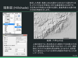 19/26
陰影図 (Hillshade)
指定した角度・高度にある光源から光を当てた図を作りま
す。Zファクタは水平単位に対する垂直単位の比率です。
方位角(水平角度)は光源の位置を、垂直角度は光源の高
さ方向の角度を示します。
結果: 六甲山付近
上図の設定では、西北西(北から東回りで300度)の方向
から、光源角度40度の角度で光が当たっています。陰影
図はこれだけでも地形を見る参考になりますが、段彩図
などと重ねることでより立体的な地図を作成することも多
いデータです。
 