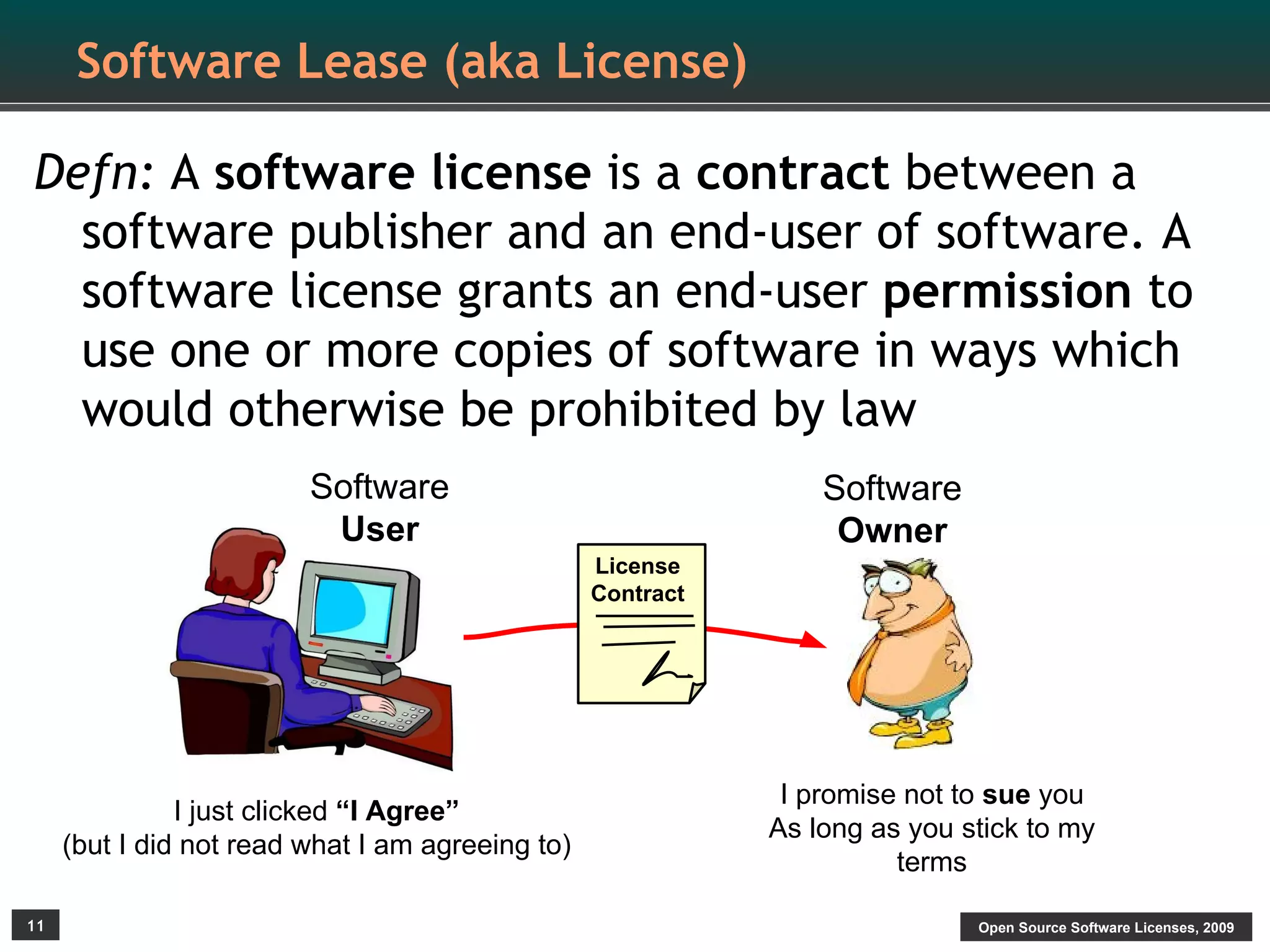 Software Lease (aka License)

Defn: A software license is a contract between a
  software publisher and an end-user of software. A
  software license grants an end-user permission to
  use one or more copies of software in ways which
  would otherwise be prohibited by law
                         Software                                Software
                          User                                    Owner
                                                  License
                                                  Contract




                                                              I promise not to sue you
               I just clicked “I Agree”
                                                             As long as you stick to my
     (but I did not read what I am agreeing to)
                                                                       terms

11                                                                           Open Source Software Licenses, 2009
 