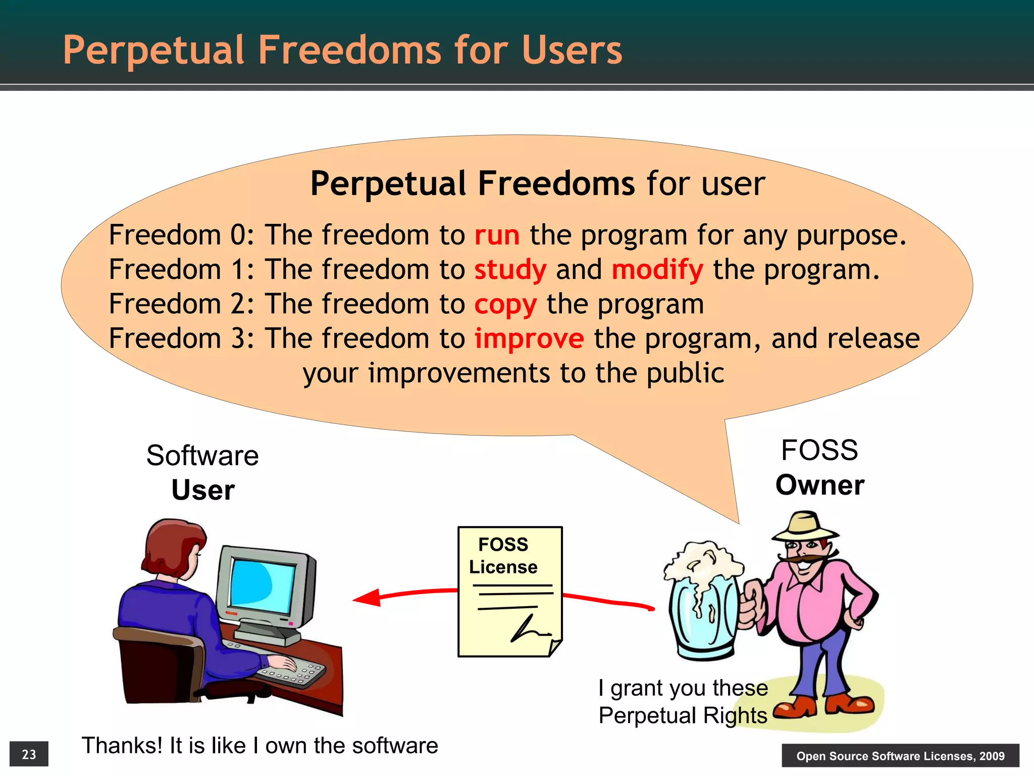 Perpetual Freedoms for Users


                            Perpetual Freedoms for user
       Freedom      0: The freedom to run the program for any purpose.
       Freedom      1: The freedom to study and modify the program.
       Freedom      2: The freedom to copy the program
       Freedom      3: The freedom to improve the program, and release
                         your improvements to the public

           Software                                                        FOSS
            User                                                           Owner
                                              FOSS
                                             License




                                                       I grant you these
                                                       Perpetual Rights
23   Thanks! It is like I own the software                                  Open Source Software Licenses, 2009
 