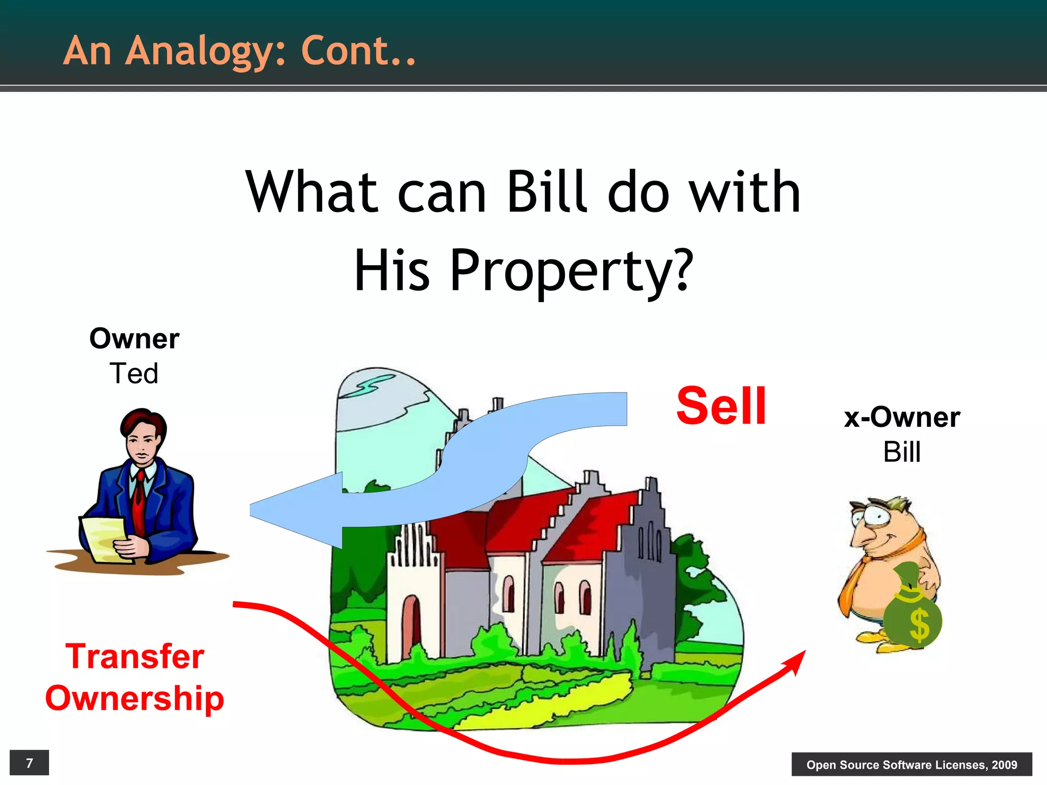 An Analogy: Cont..


                What can Bill do with
                   His Property?
      Owner
       Ted
                                Sell          x-Owner
                                                 Bill




                                                        $
     Transfer
    Ownership
7                                       Open Source Software Licenses, 2009
 
