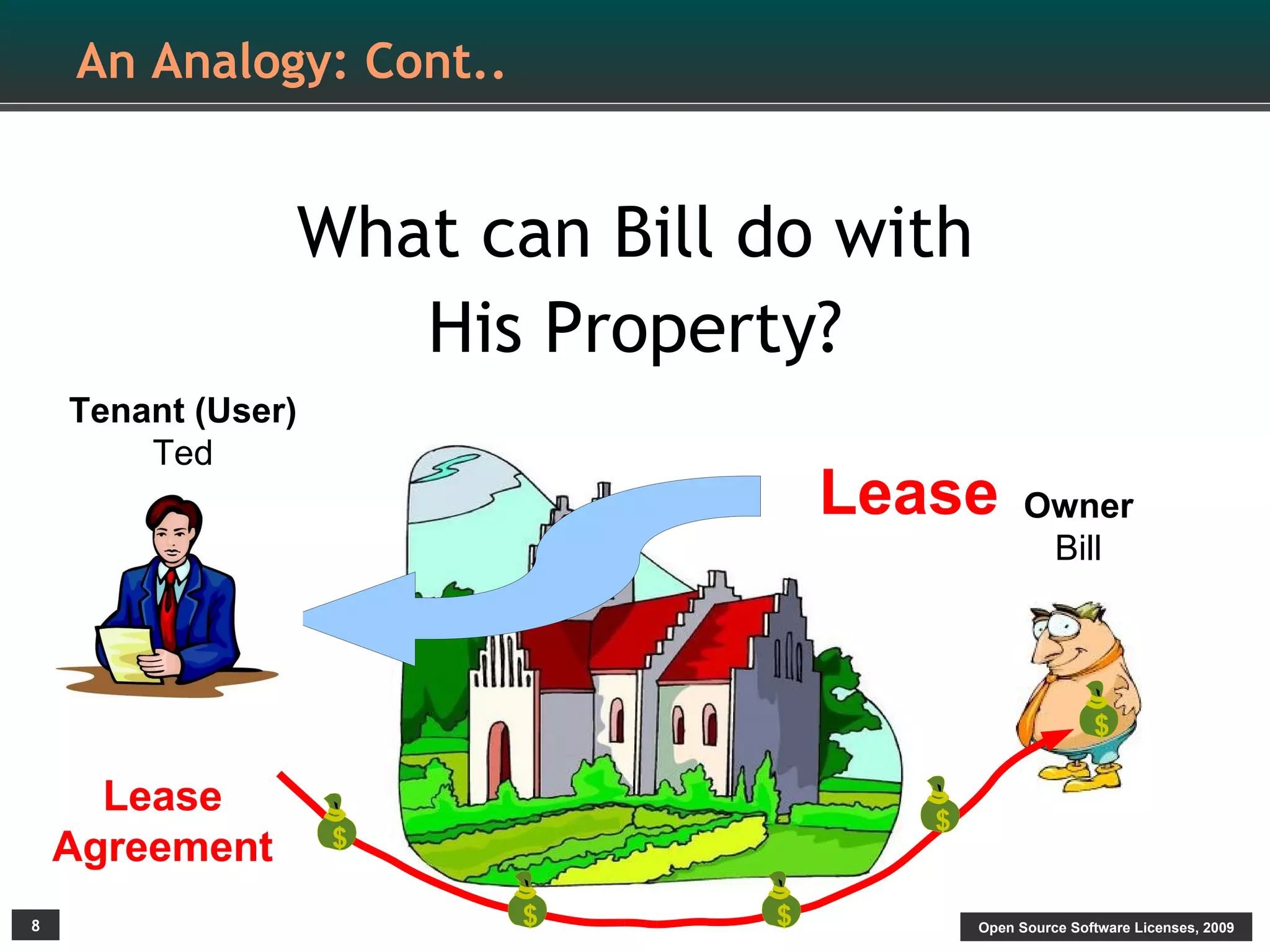 An Analogy: Cont..


                What can Bill do with
                   His Property?
    Tenant (User)
        Ted
                                  Lease        Owner
                                                Bill



                                                        $

      Lease                          $
    Agreement       $

8                        $    $          Open Source Software Licenses, 2009
 