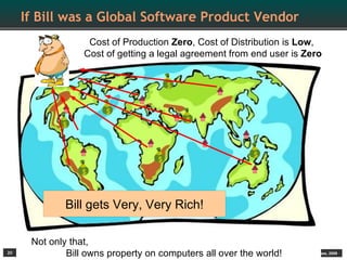 If Bill was a Global Software Product Vendor
                   Cost of Production Zero, Cost of Distribution is Low,
                  Cost of getting a legal agreement from end user is Zero


                                       $


                       $
                                           $
             $


                                                          $
                                   $
                 $



              Bill gets Very, Very Rich!

      Not only that,
20            Bill owns property on computers all over the world!
                                                              Open Source Software Licenses, 2009
 