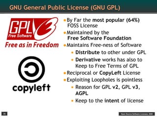 GNU General Public License (GNU GPL)

                      •By Far the most popular (64%)
                       FOSS License
                      •Maintained by the
                       Free Software Foundation
                      •Maintains Free-ness of Software
                        • Distribute to other under GPL
                        • Derivative works has also to
                          Keep to Free Terms of GPL
                      •Reciprocal or CopyLeft License
                      •Exploiting Loopholes is pointless
                        • Reason for GPL v2, GPL v3,
                          AGPL
                        • Keep to the intent of license
26                                           Open Source Software Licenses, 2009
 