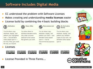 Software Includes Digital Media

•    CC understood the problem with Software Licenses
•    Makes creating and understanding media licenses easier
•    License build by combining the 4 basic building blocks




•    Licenses



•    License Provided in Three Forms...

32                                                            Open Source Software Licenses, 2009
 
