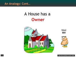 An Analogy: Cont..


                 A House has a
                    Owner

                                       Meet
                                       Bill




4                                Open Source Software Licenses, 2009
 