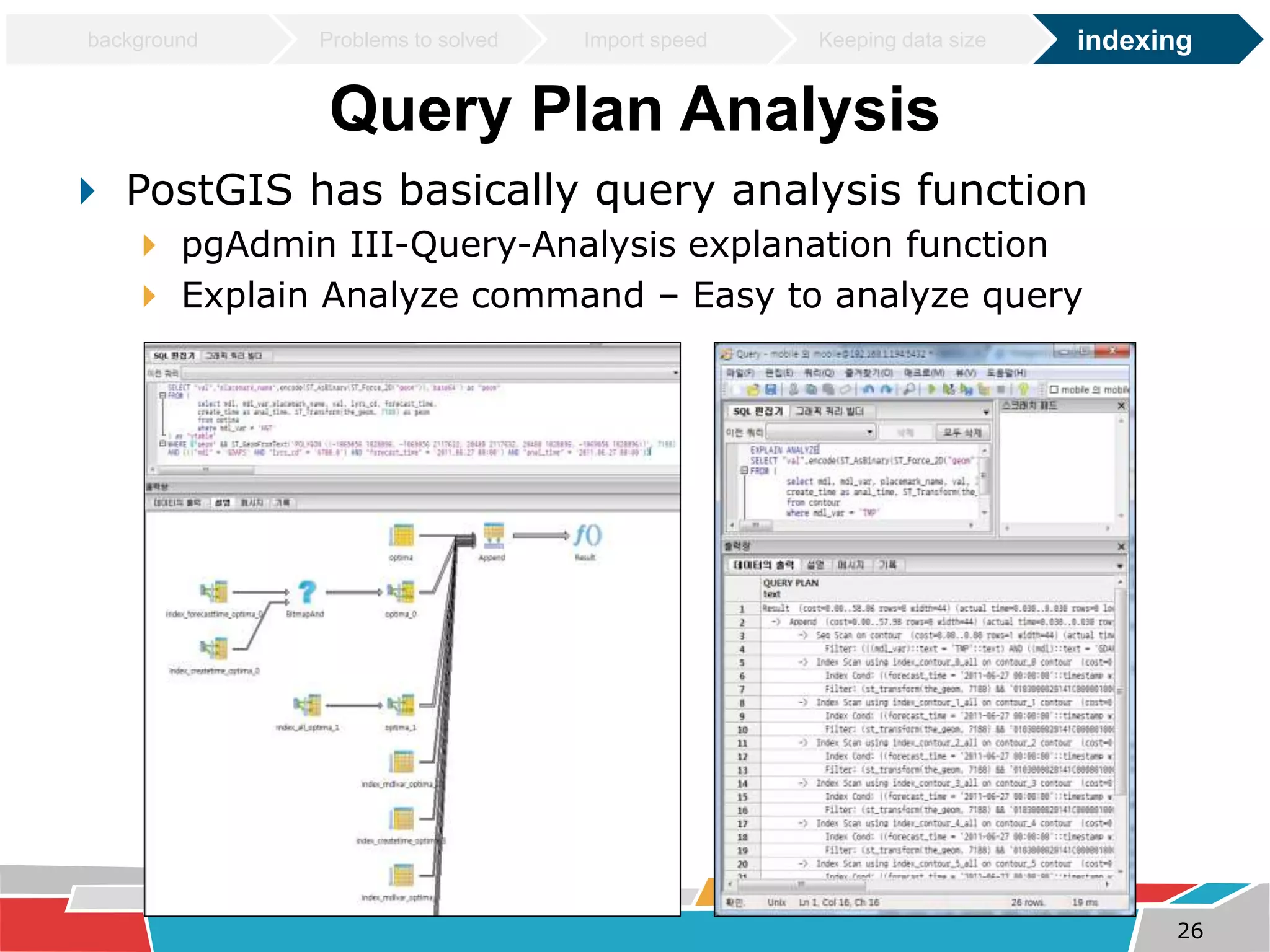 background Problems to solved Import speed Keeping data size indexing 
Query Plan Analysis 
 PostGIS has basically query analysis function 
 pgAdmin III-Query-Analysis explanation function 
 Explain Analyze command – Easy to analyze query 
26 
 
