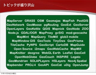 MapServer GRASS OSM Geomajas MapFish PostGIS
          GeoNetwork GeoMoose pgRouting GeoExt GeoServer
          OpenLayers GeoKettle QGIS Mapnick GeoNode ZOO
           Node.js GDAL/OGR MapProxy gvSIG mod-geocache
                 MapMint MapQuery TileMill glob3 mobile
             MapWindow GIS GeoTools TinyOws GeoPrisma
            TileCache PyWPS GeoScript CartoDB  MapGuide
               Open Source i2maps GeoWebCache MapMill
            MapKnitter deegree WebGL Earth Leaflet GeoCell
                OpenWebGlobe GeoCouch INSPIRE Legato
           GeoMondrian SOLAPLayers HSLayers Neo4j Spatial
          Mapbender PROJ.4 GeoAPI GeoCat uDig OpenJump

11   11   16
 
