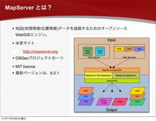 MapServer


                (        /         )
              WebGIS

          

                http://mapserver.org
           OSGeo

           MIT lisence
                               6.0.1




11   11   16
 