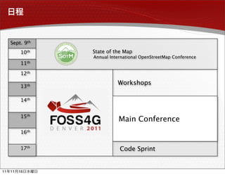 Sept. 9th
          10th   State of the Map
                 Annual International OpenStreetMap Conference 
          11th

          12th

          13th
                           Workshops

          14th


          15th
                            Main Conference
          16th


          17th              Code Sprint


11   11   16
 