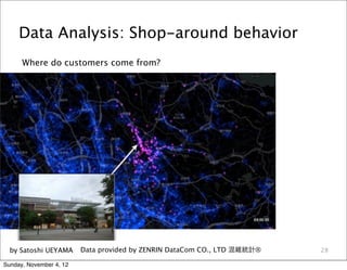 Data Analysis: Shop-around behavior
      Where do customers come from?




  by Satoshi UEYAMA      Data provided by ZENRIN DataCom CO., LTD 混雑統計®   28

Sunday, November 4, 12
 
