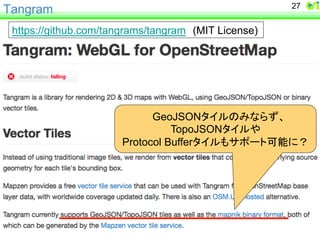 Tangram 
27 
https://github.com/tangrams/tangram䚷(MIT License) 
• Leaflet 1.0䛾䝧䜽䝖䝹䝍䜲䝹ᣑᙇ䛿Tangram 
䛛㻌 
GeoJSON䝍䜲䝹䛾䜏䛺䜙䛪䚸 
TopoJSON䝍䜲䝹䜔 
Protocol Buffer䝍䜲䝹䜒䝃䝫䞊䝖ྍ⬟䛻䠛 
 