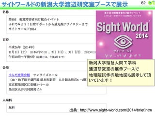 サイトワールドの新潟大学渡辺研究室ブースで展示62 
᪂₲኱Ꮫ⚟♴ே㛫ᕤᏛ⛉ 
Ώ㎶◊✲ᐊ䛾ᒎ♧䝤䞊䝇䛷 
ᆅ⌮㝔ヨస䛾ゐᆅᅗ䜒ᒎ♧䛧䛶㡬 
䛔䛶䛔䜎䛩䟿 
ฟ඾䠖 http://www.sight-world.com/2014/brief.htm 
 