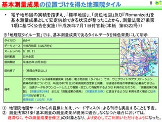8 
基本測量成果の位置づけを得た地理院タイル 
• 㟁Ꮚᆅᙧᅗ䛾ᐇ⦼䜢㋃䜎䛘䚸䛂ᶆ‽ᆅᅗ䛃䚸䛂ῐⰍᆅᅗ䛃ཬ䜃䛂Romanized䛃䜢 
ᇶᮏ 㔞ᡂᯝ䛸䛧䛶Ᏻᐃ౪⤥䛷䛝䜛≧ἣ䛜ᩚ䛳䛯䛣䛸䛛䜙䚸 㔞ἲ➨27᮲➨ 
1㡯䛻ᇶ䛵䛟බ࿌䜢ᐇ᪋䠄ᖹᡂ26ᖺ䠓᭶䠍᪥௜ᐁሗ䠄ᮏ⣬䚷➨6322ྕ䠅䠅 
䈜䛂ᆅ⌮㝔䝍䜲䝹୍ぴ䛃䛷䛿䚸ᇶᮏ 㔞ᡂᯝ䛷䛒䜛䝍䜲䝹䝕䞊䝍䜢⥳Ⰽ⫼ᬒ䛻䛧䛶᫂♧ 
䐟䚷ᆅ⌮㝔ᆅᅗ䝃䞊䝞䛛䜙䛾ᥦ౪䛻ຍ䛘䚸䝝䞊䝗䝕䜱䝇䜽䛻䜘䜛ห⾜䜒ᐇ᪋䛩䜛䛣䛸䜢ணᐃ䚹 
䐠䚷 㔞ἲ➨31᮲䛂ᇶᮏ 㔞䛾 㔞ᡂᯝ䛜⌧ἣ䛻㐺ྜ䛧䛺䛟䛺䛴䛯ሙྜ䛻䛚䛔䛶䛿䚸 
䚷䚷㐜⁫䛺䛟䚸䛭䛾 㔞ᡂᯝ䜢ಟṇ䛃䛾ᑐ㇟䛸䛺䜚䚸䜘䜚Ᏻᚰ䛧䛶䛤฼⏝䛔䛯䛰䛡䜛䜘䛖䛻䛺䛳䛯䚹 
 