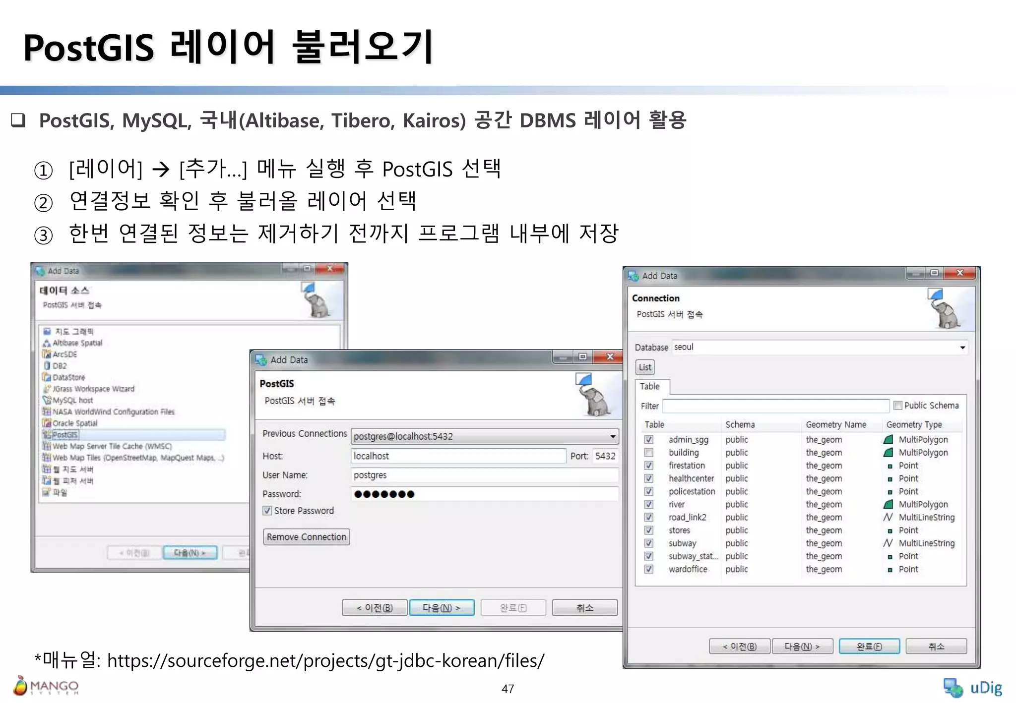 47
 PostGIS, MySQL, 국내(Altibase, Tibero, Kairos) 공간 DBMS 레이어 활용
PostGIS 레이어 불러오기
① [레이어]  [추가…] 메뉴 실행 후 PostGIS 선택
② 연결정보 확인 후 불러올 레이어 선택
③ 한번 연결된 정보는 제거하기 전까지 프로그램 내부에 저장
*매뉴얼: https://sourceforge.net/projects/gt-jdbc-korean/files/
 