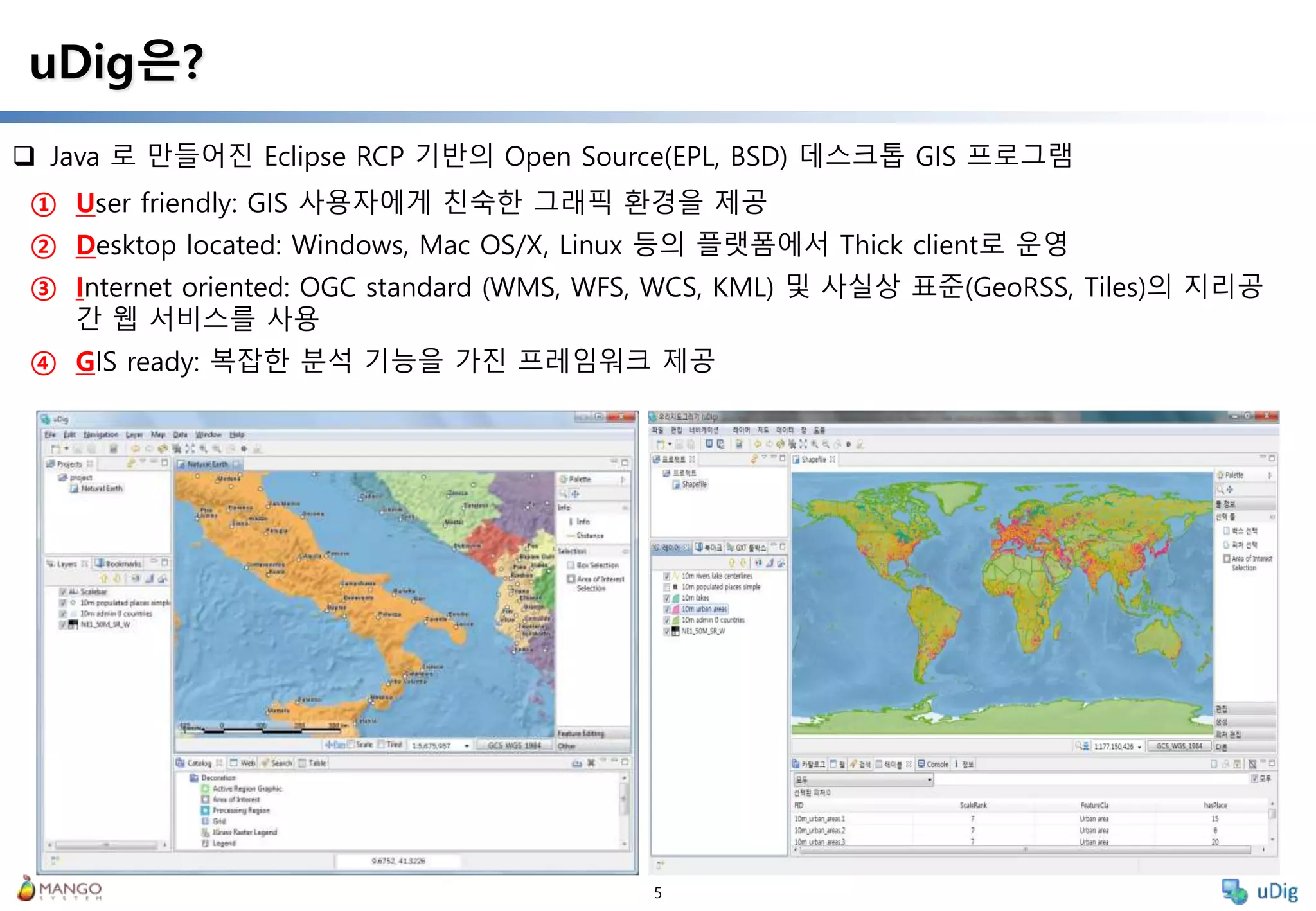 5
 Java 로 만들어진 Eclipse RCP 기반의 Open Source(EPL, BSD) 데스크톱 GIS 프로그램
uDig은?
① User friendly: GIS 사용자에게 친숙한 그래픽 환경을 제공
② Desktop located: Windows, Mac OS/X, Linux 등의 플랫폼에서 Thick client로 운영
③ Internet oriented: OGC standard (WMS, WFS, WCS, KML) 및 사실상 표준(GeoRSS, Tiles)의 지리공
간 웹 서비스를 사용
④ GIS ready: 복잡한 분석 기능을 가진 프레임워크 제공
 