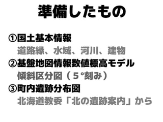 準備したもの
①国土基本情報
　道路縁、水域、河川、建物
②基盤地図情報数値標高モデル
　傾斜区分図（５°刻み）
③町内遺跡分布図
　北海道教委「北の遺跡案内」から
 