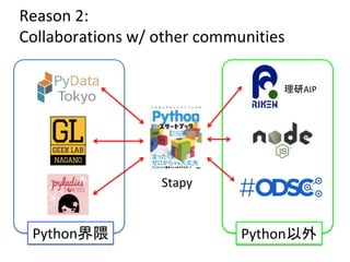 Reason 2:
Collaborations w/ other communities
Stapy
理研AIP
Python以外Python界隈
 