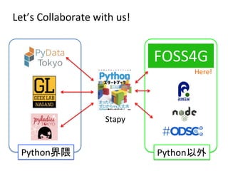 Let’s Collaborate with us!
Stapy
Python以外Python界隈
FOSS4G
Here!
 