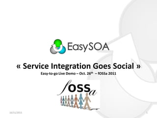 « Service Integration Goes Social »
             Easy-to-go Live Demo – Oct. 26th – fOSSa 2011




16/11/2011                                                   1
 