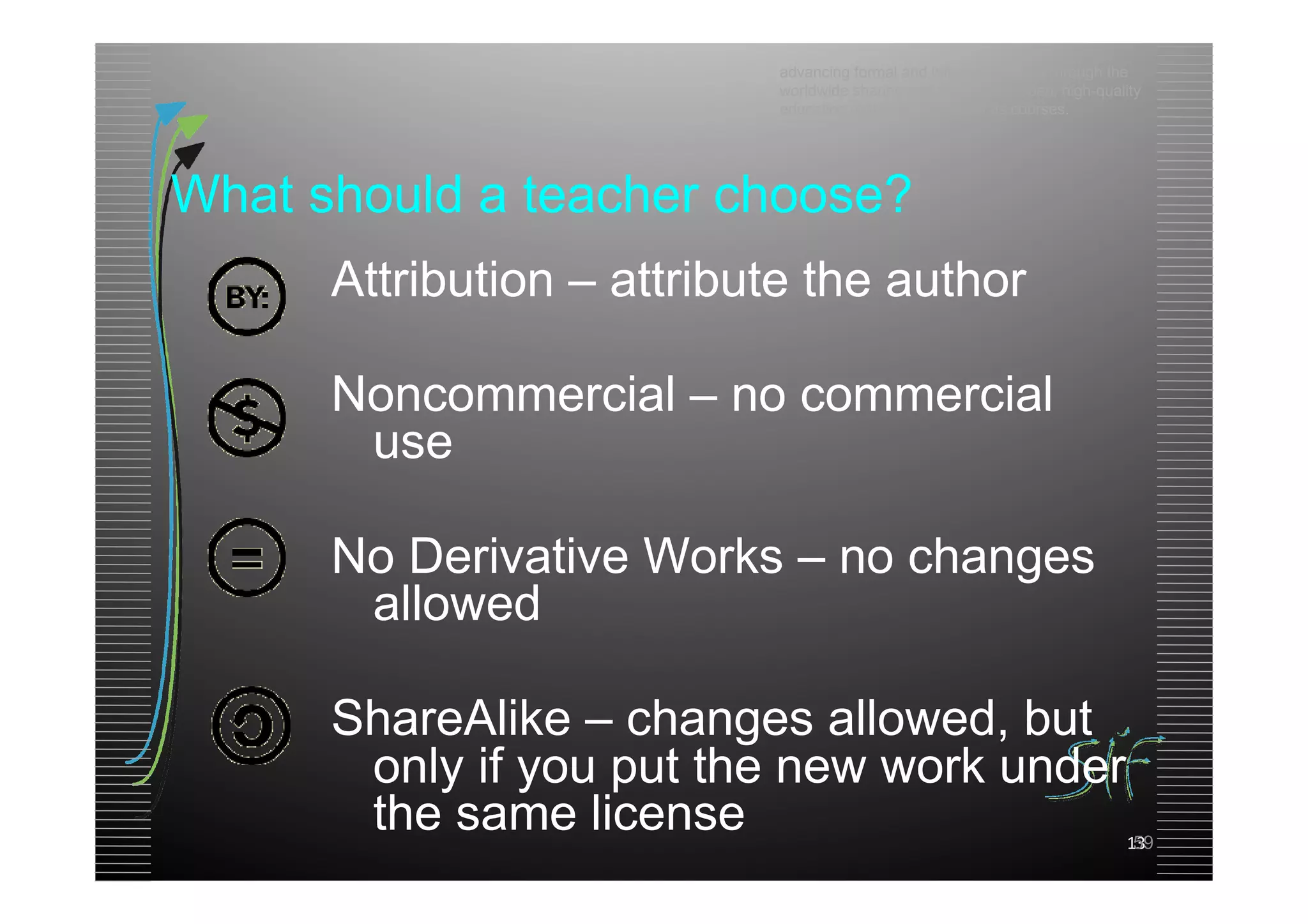 advancing formal and informal learning through the
                           worldwide sharing and use of free, open, high-quality
                           education materials organized as courses.




What should a teacher choose?
      Attribution – attribute the author

      Noncommercial – no commercial
       use

      No Derivative Works – no changes
       allowed

      ShareAlike – changes allowed, but
       only if you put the new work under
       the same license                                                       59
                                                                             13
 