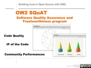 Building trust in Open Source with OW2

OW2 SQuAT

Software Quality Assurance and
Trustworthiness program

Code Quality
IP of the Code
Community Performances

Economical

Technical

Social

Creative Commons
Attribution-NonCommercial-ShareAlike
3.0 Unported.

 