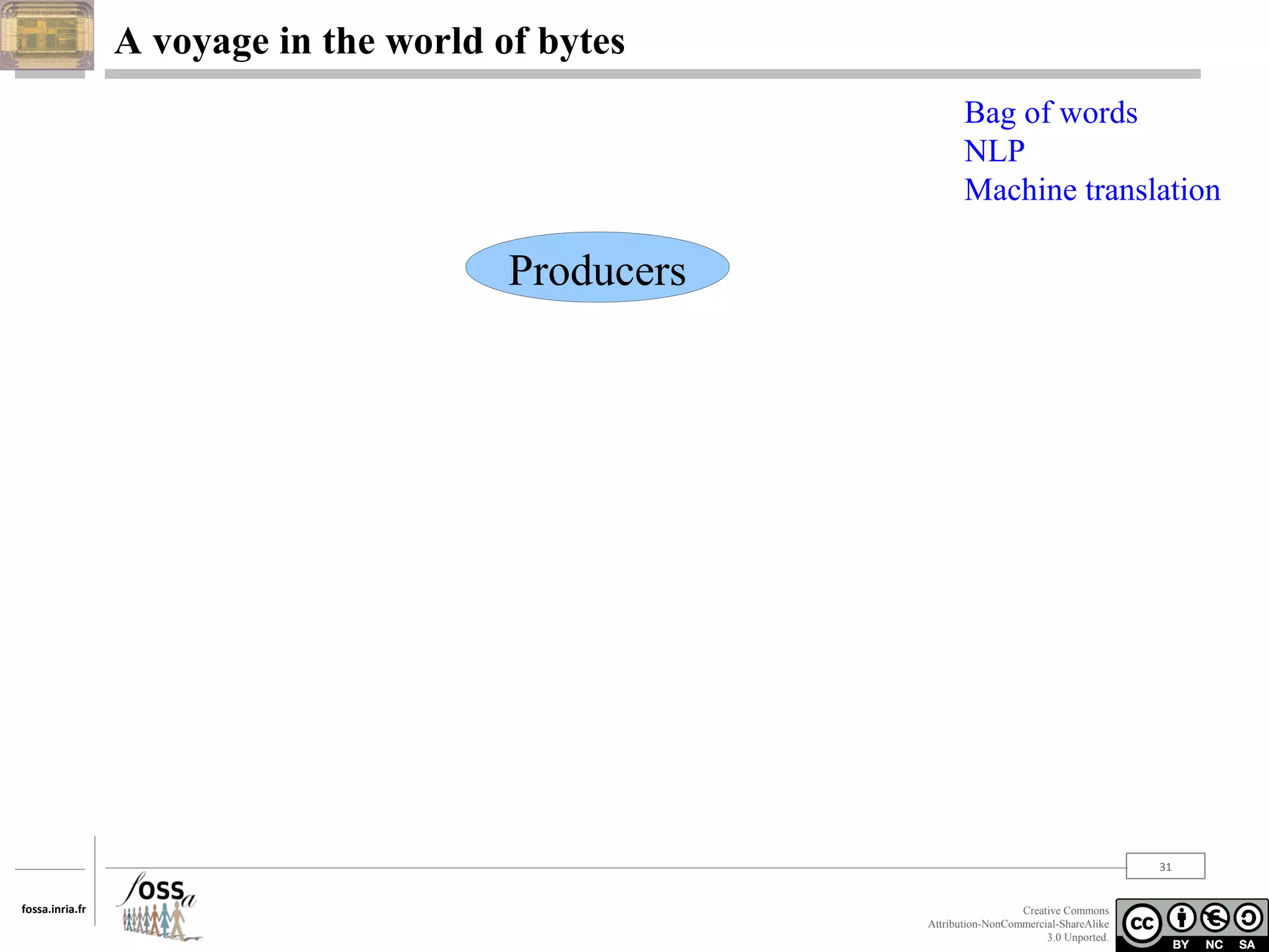 A voyage in the world of bytes
Bag of words
NLP
Machine translation

Producers

31
fossa.inria.fr

Creative Commons
Attribution-NonCommercial-ShareAlike
3.0 Unported.

 