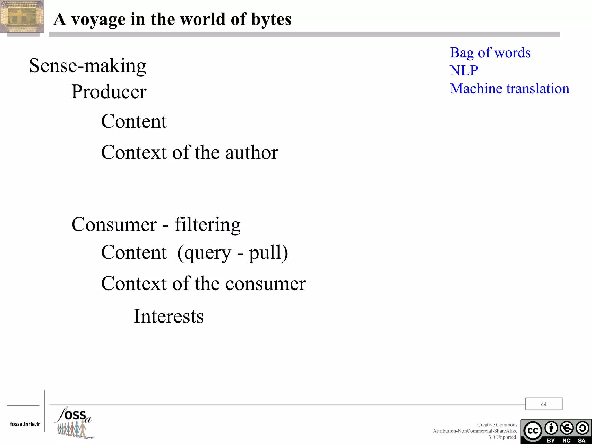 A voyage in the world of bytes

Sense-making
Producer
Content
Context of the author

Bag of words
NLP
Machine translation

Consumer - filtering
Content (query - pull)
Context of the consumer
Interests

44
fossa.inria.fr

Creative Commons
Attribution-NonCommercial-ShareAlike
3.0 Unported.

 