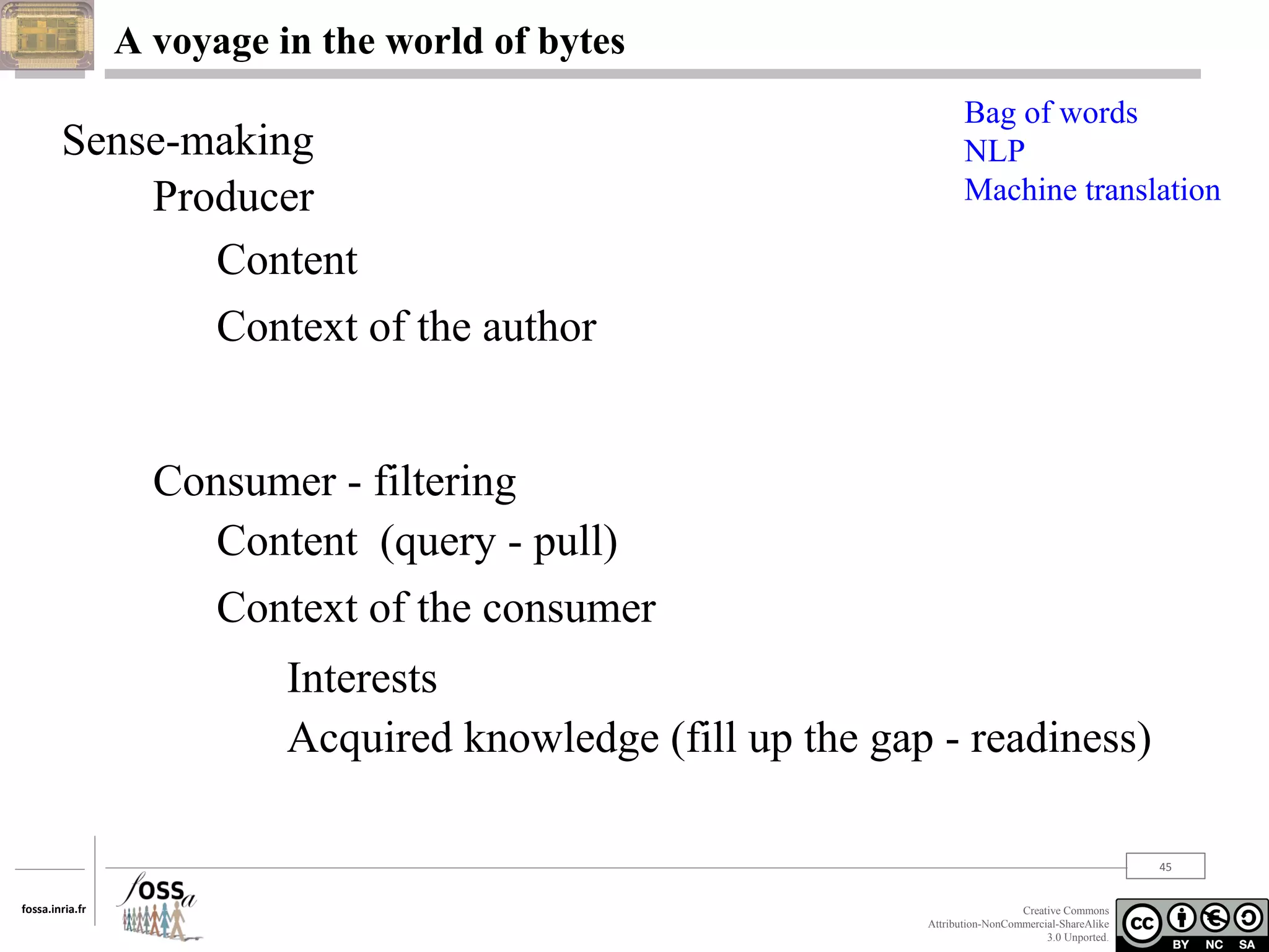 A voyage in the world of bytes

Sense-making
Producer
Content
Context of the author

Bag of words
NLP
Machine translation

Consumer - filtering
Content (query - pull)
Context of the consumer
Interests
Acquired knowledge (fill up the gap - readiness)
45
fossa.inria.fr

Creative Commons
Attribution-NonCommercial-ShareAlike
3.0 Unported.

 