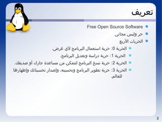 3
‫تعريف‬
Free Open Source Software
‫مجاني‬ ‫وليس‬ ‫حر‬
‫الربع‬ ‫الحريات‬
‫الحرية‬0.‫غرض‬ ‫ل ي‬ ‫البرنامج‬ ‫اتستعمال‬ ‫حرية‬ :
‫الحرية‬1.‫البرنامج‬ ‫وتعديل‬ ‫ادراتسة‬ ‫حرية‬ :
‫الحرية‬2.‫صديقك‬ ‫أو‬ ‫جارك‬ ‫مساعدة‬ ‫من‬ ‫لتتمكن‬ ‫البرنامج‬ ‫نسخ‬ ‫حرية‬ :
‫الحرية‬3‫وإظهارها‬ ‫تحسيناتك‬ ‫وإصدار‬ ،‫وتحسينه‬ ‫البرنامج‬ ‫تطوير‬ ‫حرية‬ :
.‫للعالم‬
 
