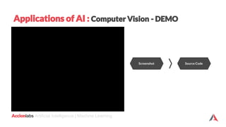Accionlabs Artificial Intelligence | Machine Learning
Applications of AI : Computer Vision - DEMO
Screenshot Source Code
 