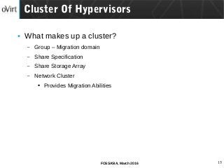 15FOSSASIA, March 2016
● What makes up a cluster?
– Group – Migration domain
– Share Specification
– Share Storage Array
– Network Cluster
● Provides Migration Abilities
Cluster Of Hypervisors
 