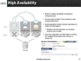 20FOSSASIA, March 2016
• Build a highly available enterprise
infrastructure
• Continually monitor host systems and
virtual machines
• Automatically restart virtual machines in
case of host failure
● Restart virtual machine on another
node in the cluster
• Use live migration to “fail-back” a VM to
it's original host when the server is
restored
High Availability
 