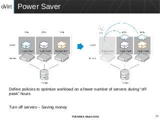 22FOSSASIA, March 2016
Power Saver
Define policies to optimize workload on a fewer number of servers during “off-
peak” hours
Turn off servers – Saving money
 