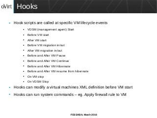 FOSSASIA, March 2016
Hooks
● Hook scripts are called at specific VM lifecycle events
● VDSM (management agent) Start
● Before VM start
● After VM start
● Before VM migration in/out
● After VM migration in/out
● Before and After VM Pause
● Before and After VM Continue
● Before and After VM Hibernate
● Before and After VM resume from hibernate
● On VM stop
● On VDSM Stop
● Hooks can modify a virtual machines XML definition before VM start
● Hooks can run system commands – eg. Apply firewall rule to VM
 