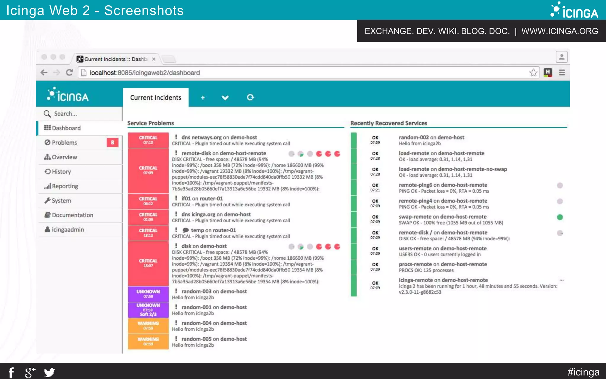 EXCHANGE. DEV. WIKI. BLOG. DOC. | WWW.ICINGA.ORG
Icinga Web 2 - Screenshots
#icinga
 