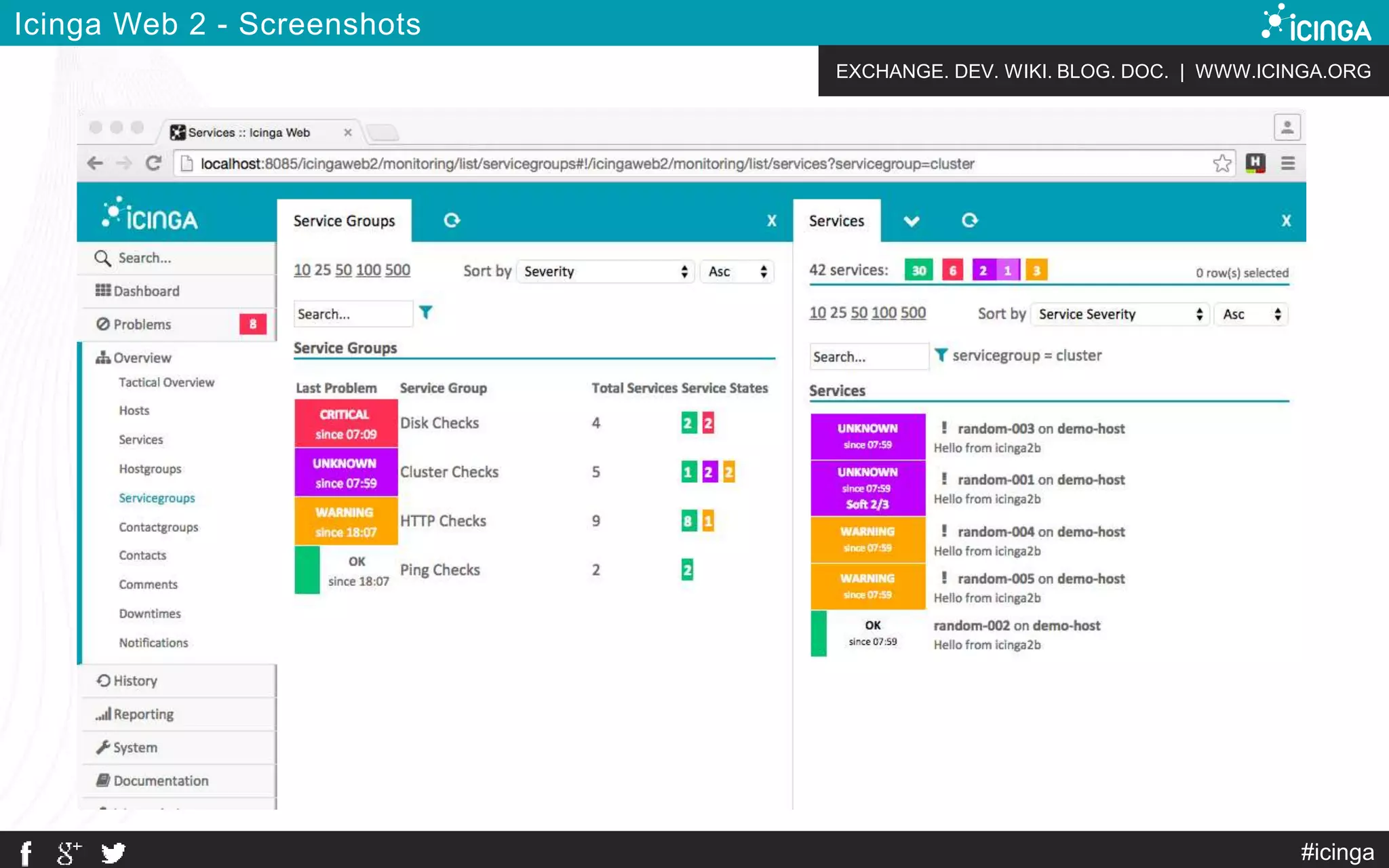 EXCHANGE. DEV. WIKI. BLOG. DOC. | WWW.ICINGA.ORG
Icinga Web 2 - Screenshots
#icinga
 