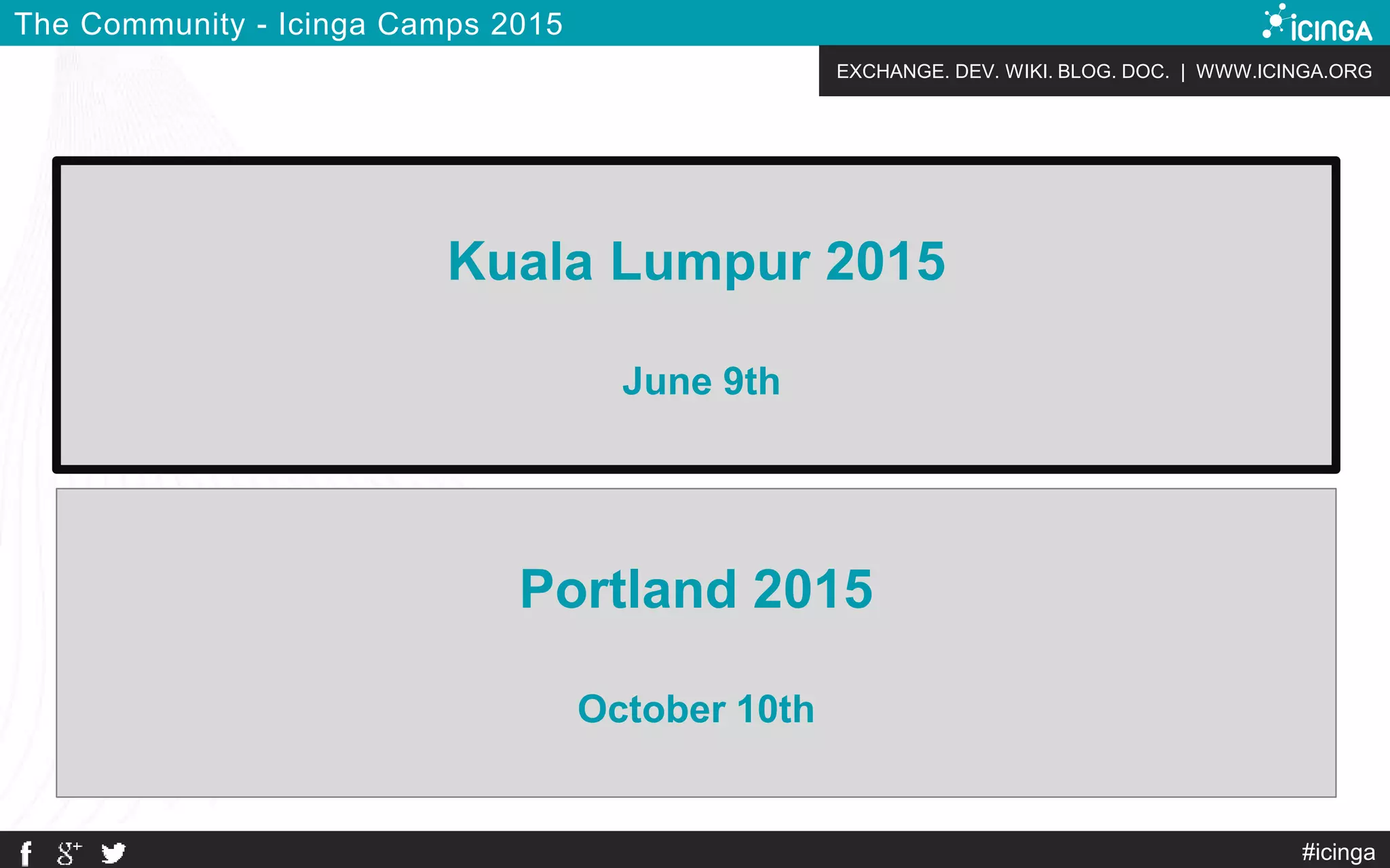 EXCHANGE. DEV. WIKI. BLOG. DOC. | WWW.ICINGA.ORG
#icinga
The Community - Icinga Camps 2015
Kuala Lumpur 2015
June 9th
Portland 2015
October 10th
Kuala Lumpur 2015
June 9th
 
