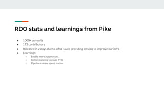 RDO stats and learnings from Pike
● 1000+ commits
● 172 contributors
● Released in 2 days due to infra issues providing lessons to improve our infra
● Learnings:
○ Enable more automation
○ Better planning to cover PTO
○ Pipeline release speed matter
 