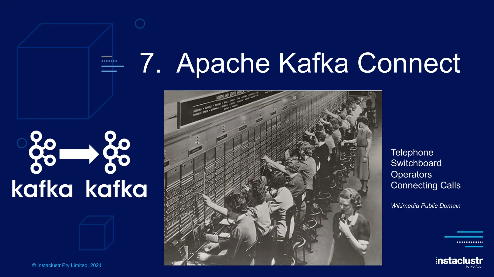 © Instaclustr Pty Limited, 2024
7. Apache Kafka Connect
Telephone
Switchboard
Operators
Connecting Calls
Wikimedia Public Domain
 