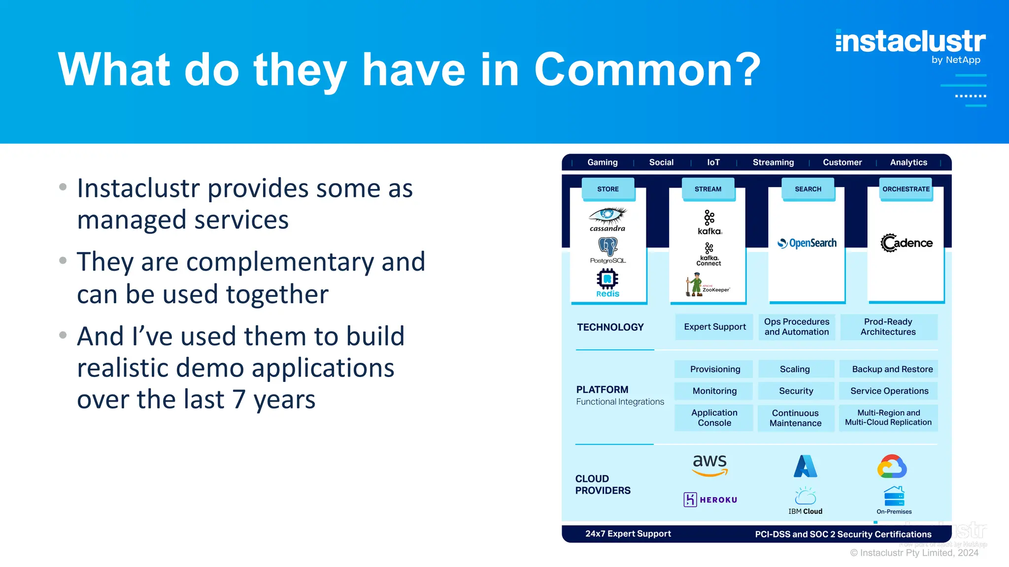 © Instaclustr Pty Limited, 2024
What do they have in Common?
• Instaclustr provides some as
managed services
• They are complementary and
can be used together
• And I’ve used them to build
realistic demo applications
over the last 7 years
 