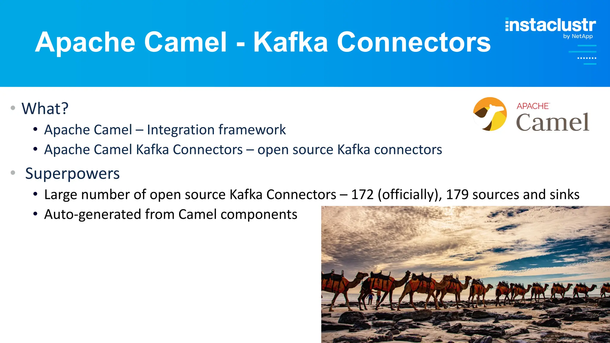 © Instaclustr Pty Limited, 2024
Apache Camel - Kafka Connectors
• What?
• Apache Camel – Integration framework
• Apache Camel Kafka Connectors – open source Kafka connectors
• Superpowers
• Large number of open source Kafka Connectors – 172 (officially), 179 sources and sinks
• Auto-generated from Camel components
 