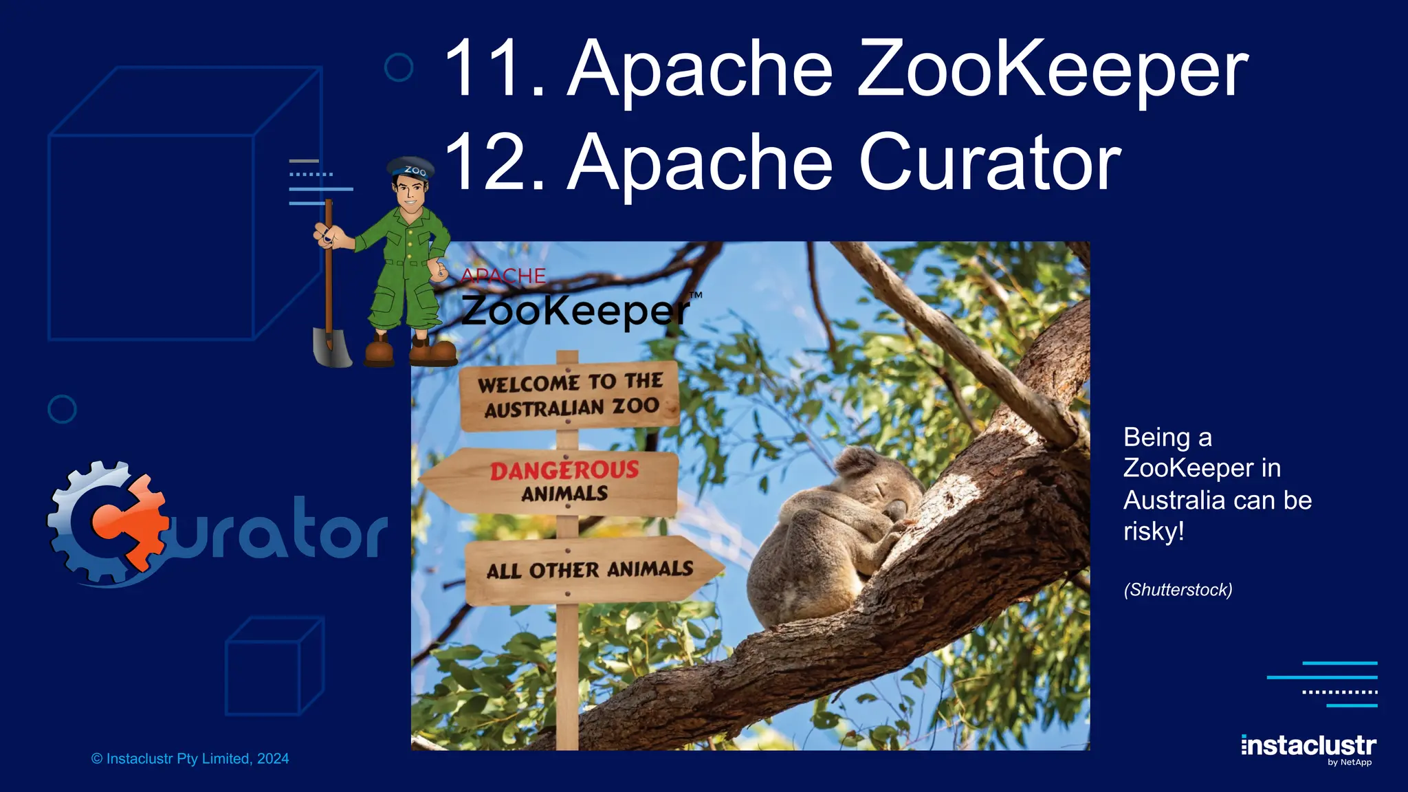 © Instaclustr Pty Limited, 2024
11. Apache ZooKeeper
12. Apache Curator
Being a
ZooKeeper in
Australia can be
risky!
(Shutterstock)
 