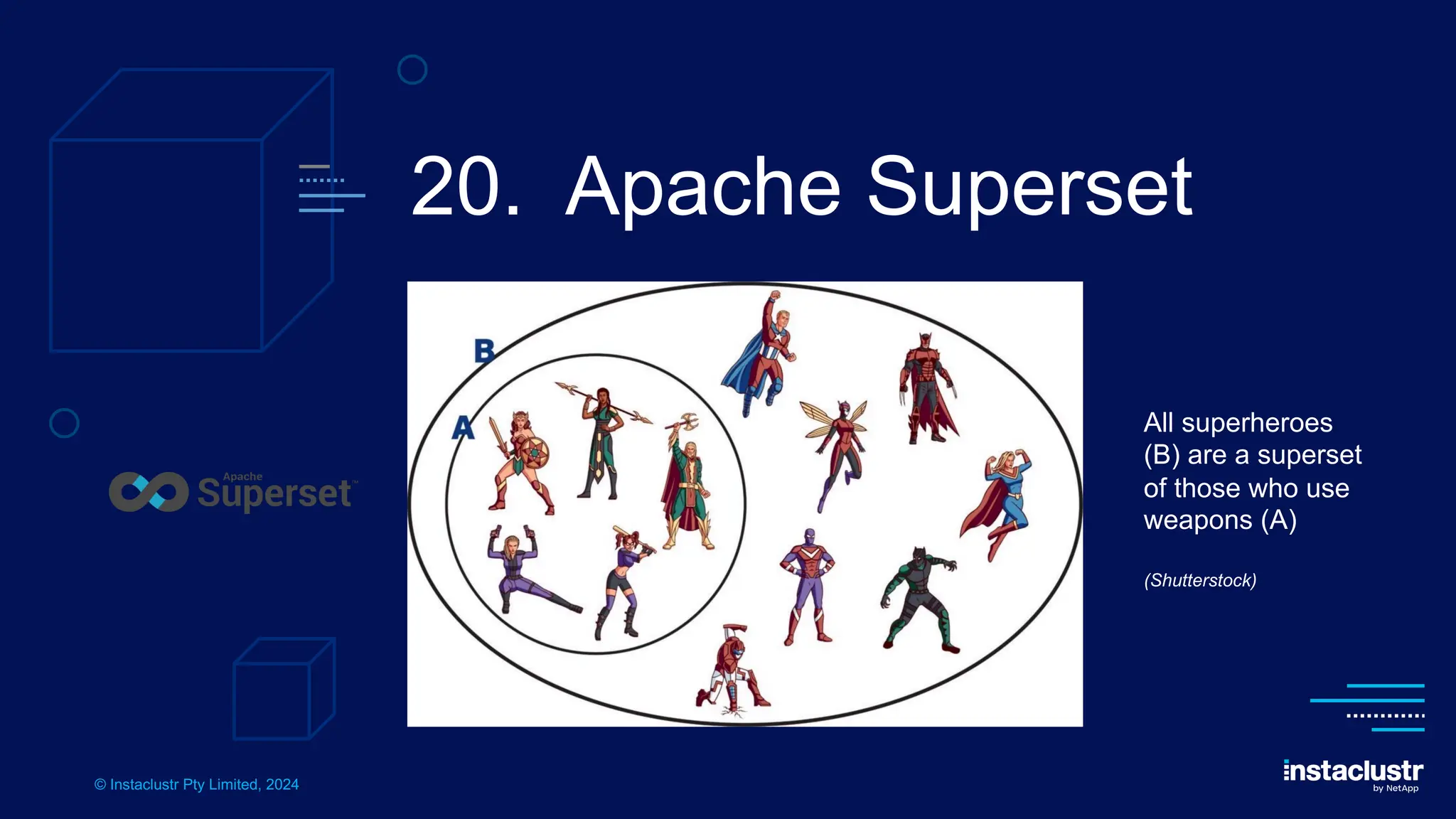 © Instaclustr Pty Limited, 2024
20. Apache Superset
All superheroes
(B) are a superset
of those who use
weapons (A)
(Shutterstock)
 