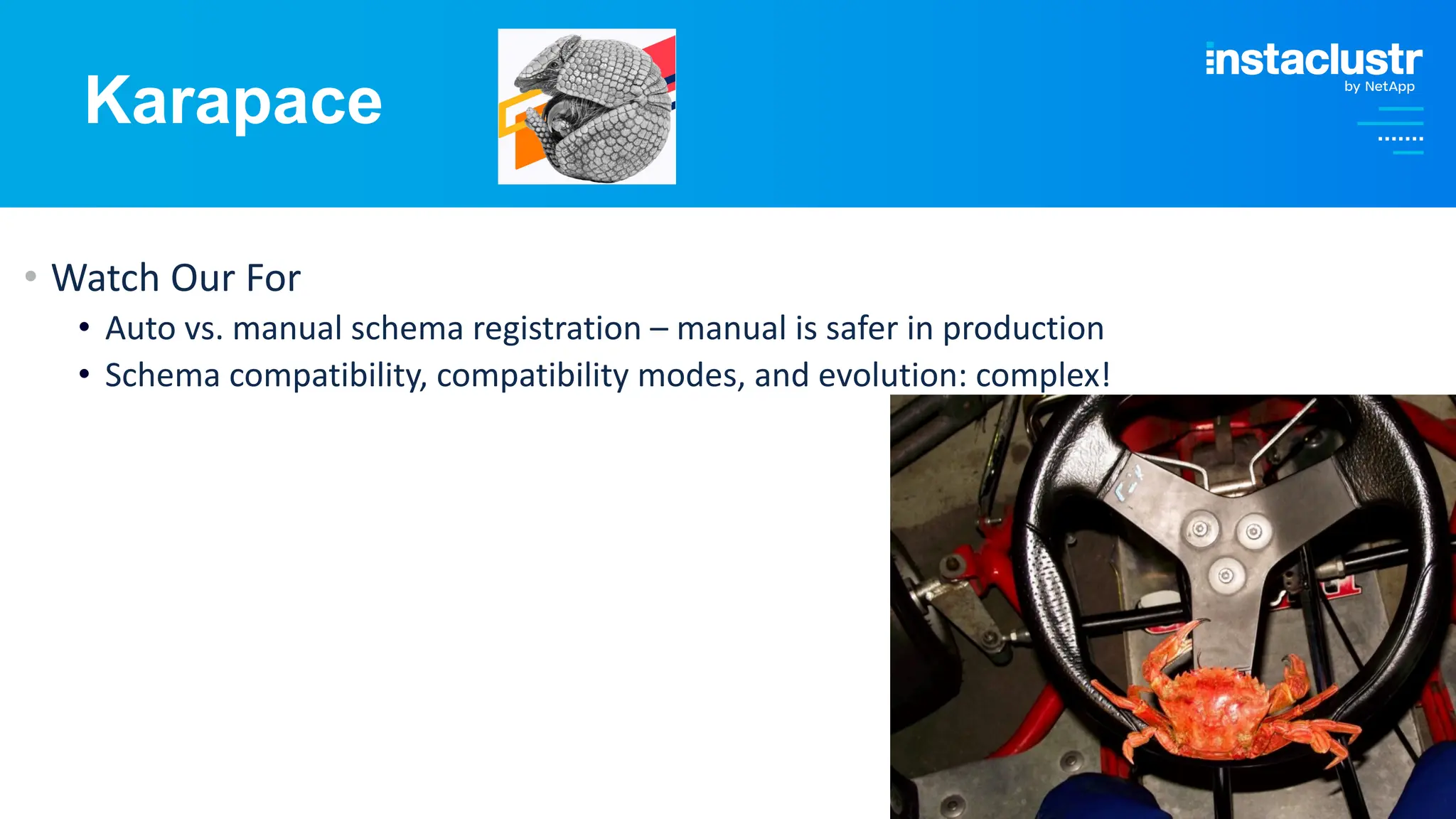 © Instaclustr Pty Limited, 2024
Karapace
• Watch Our For
• Auto vs. manual schema registration – manual is safer in production
• Schema compatibility, compatibility modes, and evolution: complex!
 