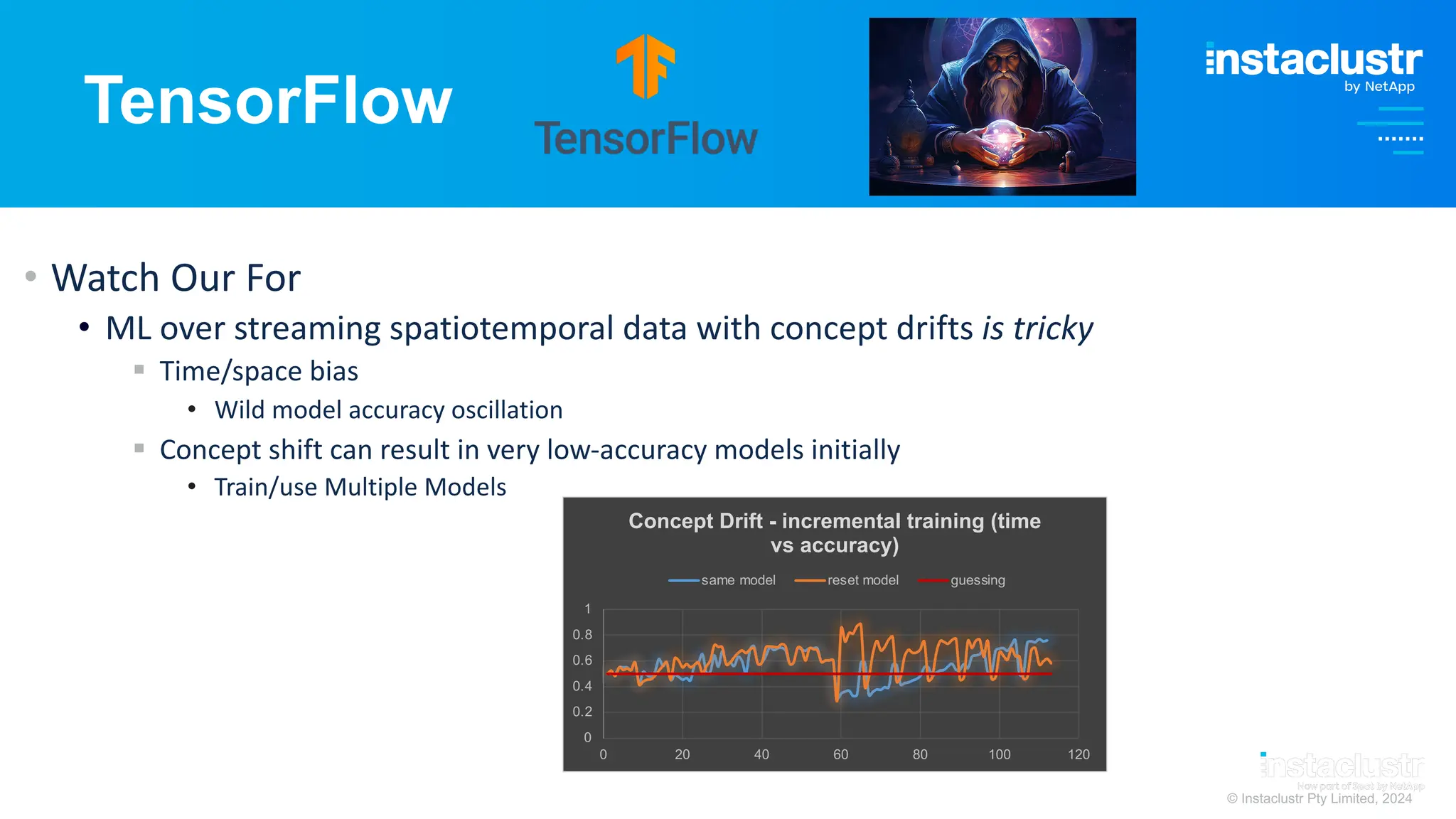 © Instaclustr Pty Limited, 2024
TensorFlow
• Watch Our For
• ML over streaming spatiotemporal data with concept drifts is tricky
§ Time/space bias
• Wild model accuracy oscillation
§ Concept shift can result in very low-accuracy models initially
• Train/use Multiple Models
0
0.2
0.4
0.6
0.8
1
0 20 40 60 80 100 120
Concept Drift - incremental training (time
vs accuracy)
same model reset model guessing
 